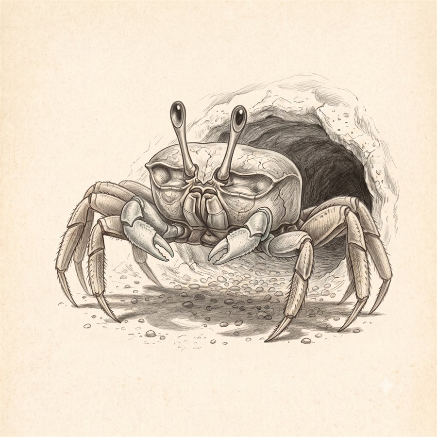 Pencil drawing of Mama Sandy, an elder female fiddler crab with two equal claws