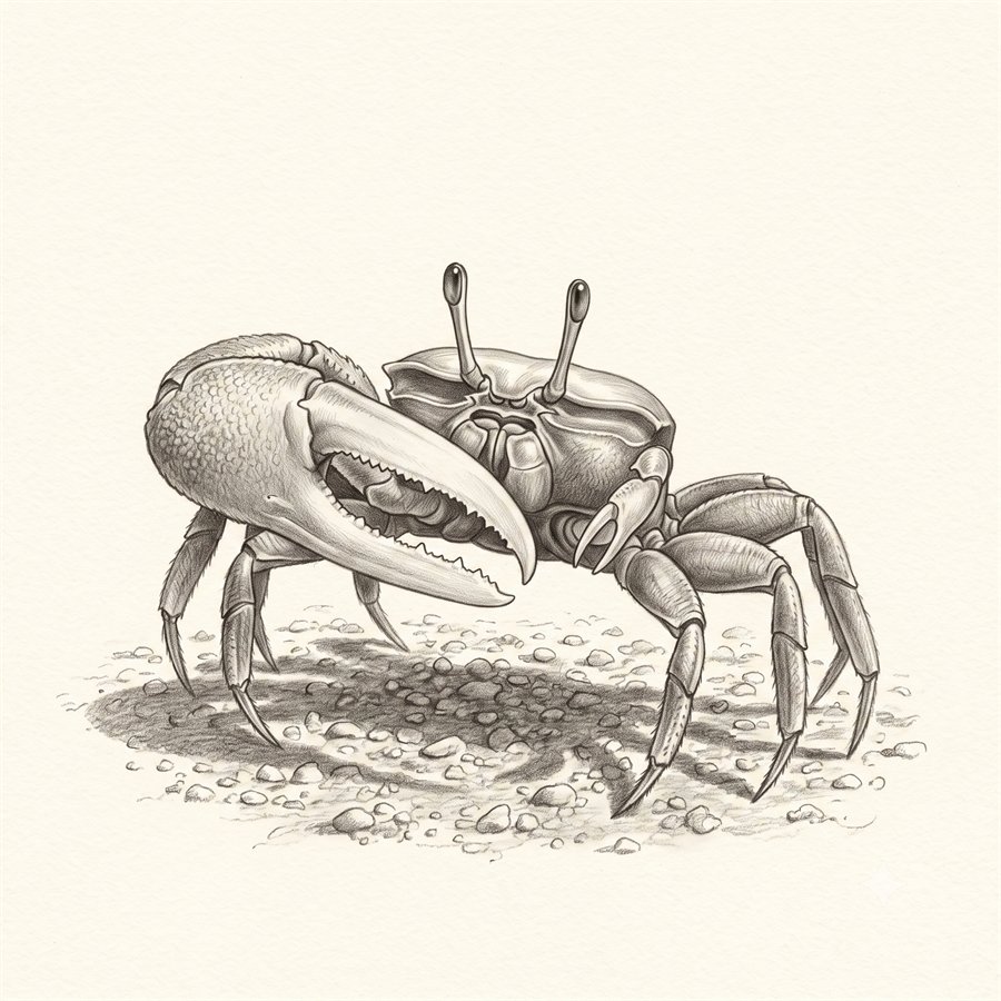 Pencil drawing of Skipper, a young male fiddler crab with one oversized claw